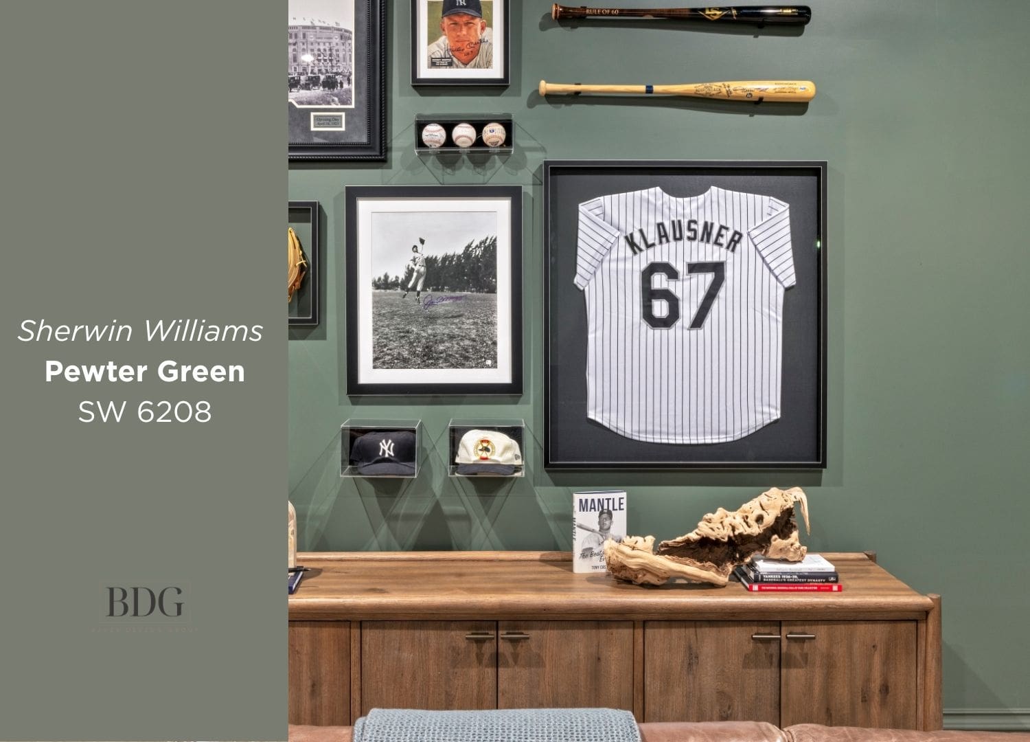 Luxury home theater designed by Baker Design Group featuring Sherwin-Williams Pewter Green walls